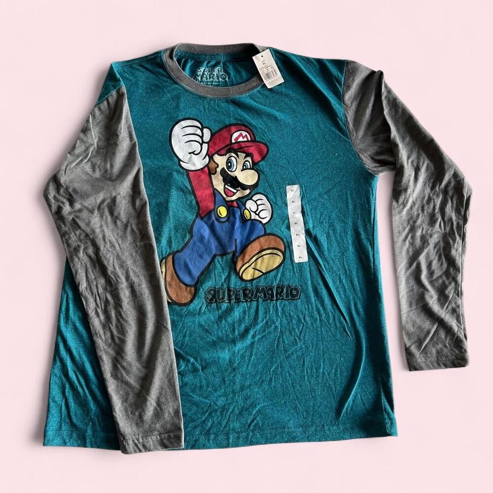 Super Mario Kids XL Long Sleeve Raglan Shirt NWT Nintendo Gamer Tee